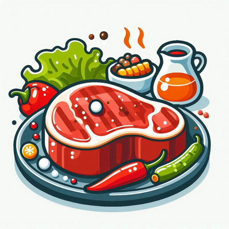 Steak on plate with vegetables and sauce. Vector illustration in cartoon style.のイラスト素材