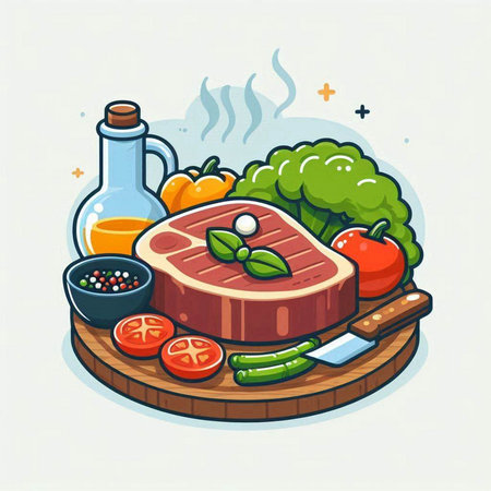Steak, vegetables and spices on a wooden board. Vector illustration.のイラスト素材