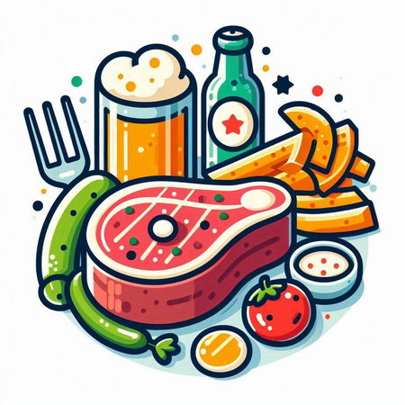 Steak with beer and vegetables. Vector illustration in cartoon style.のイラスト素材