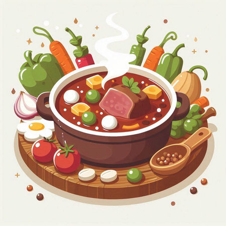 Vegetable soup with meat, vegetables and spices. Vector illustration.のイラスト素材