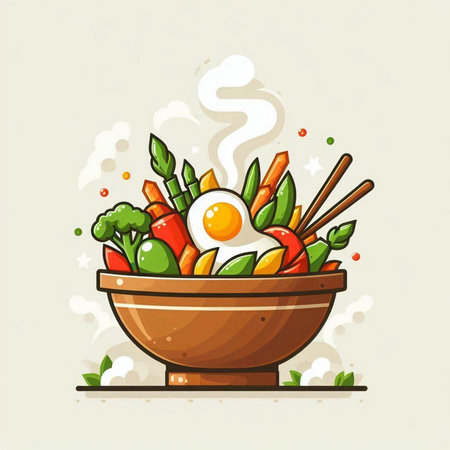 Vegetable bowl with chopsticks and fried egg. Vector illustration.のイラスト素材