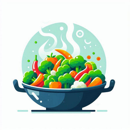 Vegetable stew in a wok. Vector illustration in flat style.のイラスト素材