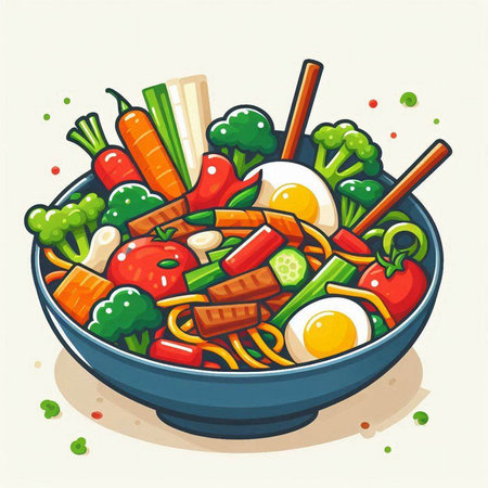 Bowl of noodle with vegetables and eggs. Vector illustration.のイラスト素材