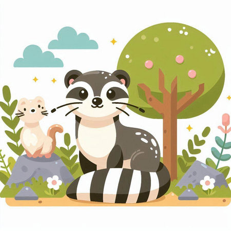 Cute raccoon and wild animals in the park. Vector illustration.のイラスト素材