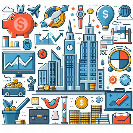 Business and finance doodle icons set. Vector illustration for your designのイラスト素材