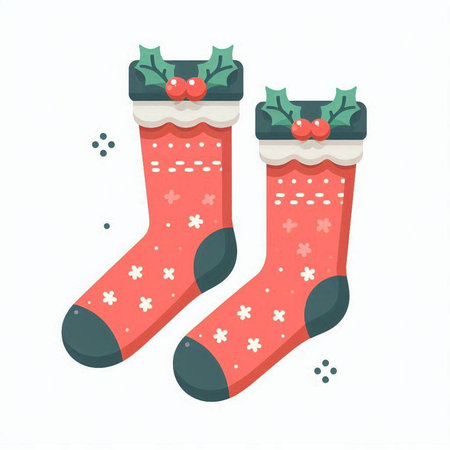 Christmas socks with holly berry and snowflakes. Vector illustration.のイラスト素材