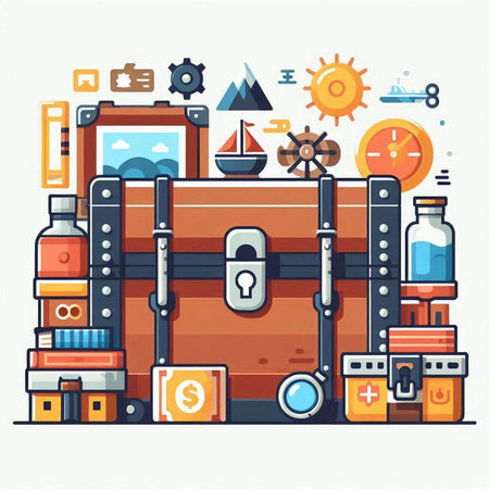 Treasure chest. Vector illustration of a suitcase with different things.のイラスト素材