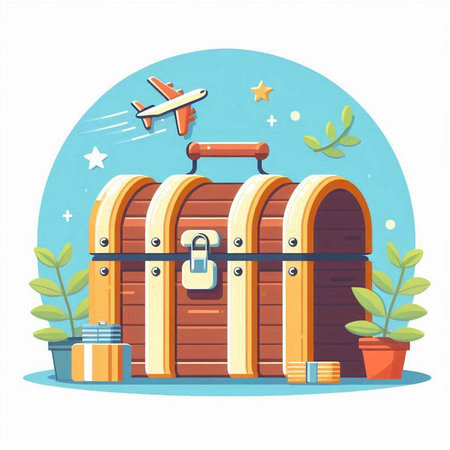 Vintage wooden chest and airplane. Vector illustration in flat style.のイラスト素材