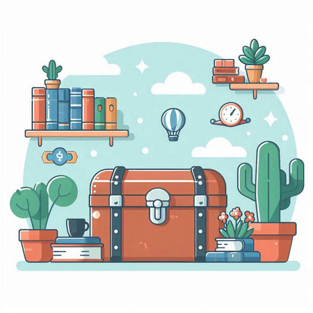Vector illustration of a chest, bookshelf, books and cactus.のイラスト素材