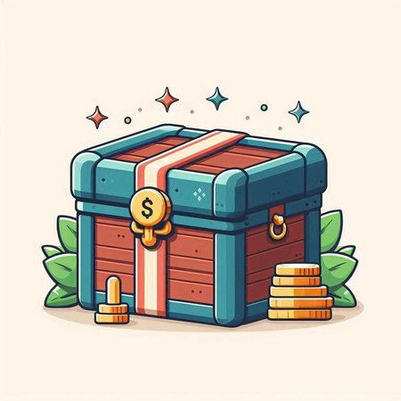 Cartoon treasure chest with coins. Vector illustration of a treasure chest.のイラスト素材