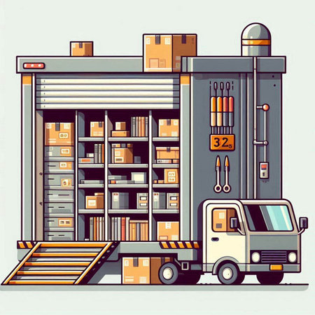 Vector illustration of a warehouse with boxes and a truck on the backgroundのイラスト素材