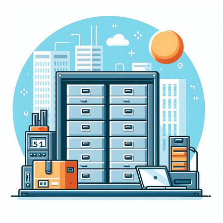 Vector illustration of a modern office building on a background of blue skyのイラスト素材