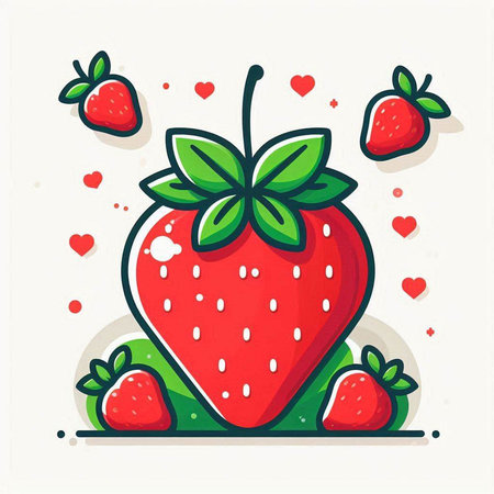 Strawberry vector illustration. Flat design with strawberry and hearts.のイラスト素材