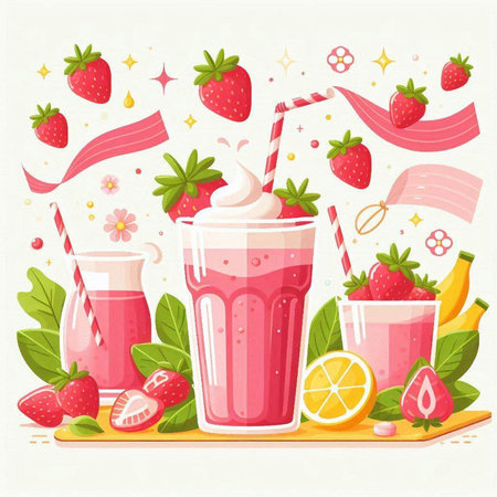 Strawberry milkshake. Detox drink. Vector illustrationのイラスト素材