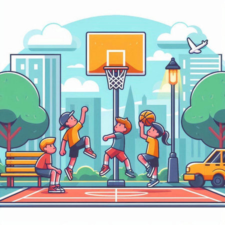 Children playing basketball in the park. Vector illustration in cartoon style.のイラスト素材
