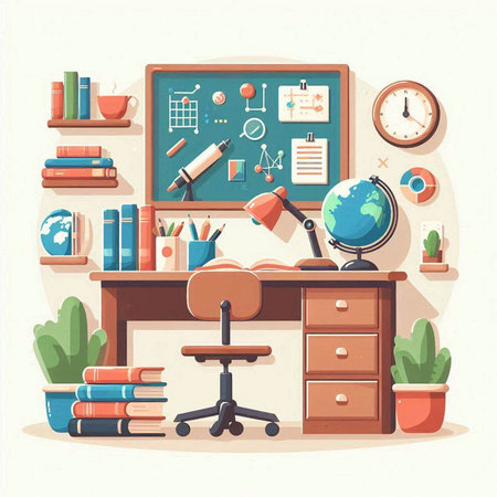 School desk with books, globe, microscope, bookshelf and table lamp. Vector illustrationのイラスト素材