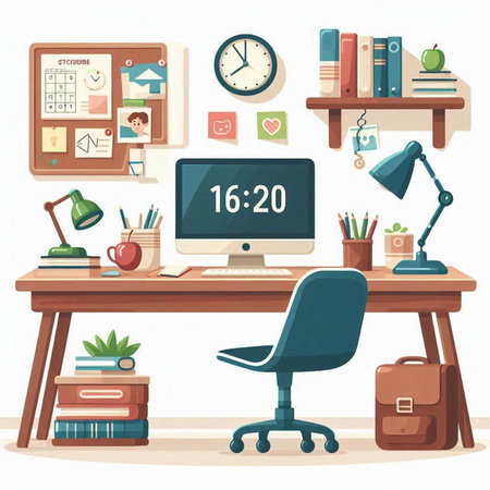 Vector illustration of workplace with computer, books, stationery, clock, bookshelf and other items.のイラスト素材