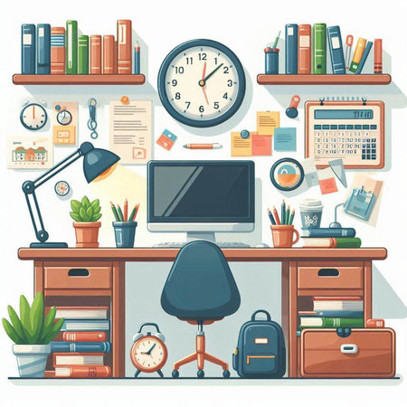 Vector illustration of office workplace with computer, bookshelf, clock and other items.のイラスト素材