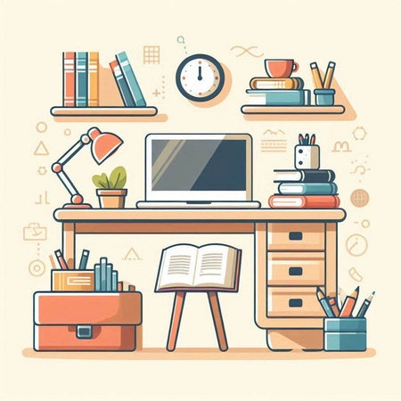 Flat design vector illustration concept of home office. Workplace with laptop, books, stationery and accessories.のイラスト素材