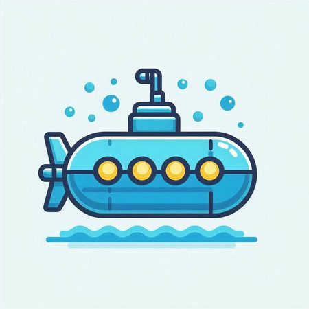 Submarine vector illustration in flat linear style. Blue submarine with bubbles.のイラスト素材