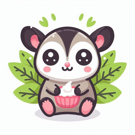 Cute cartoon chipmunk with green leaves. Vector illustration.のイラスト素材