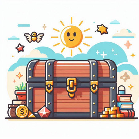 Treasure chest with money, sun and stars. Vector illustration.のイラスト素材