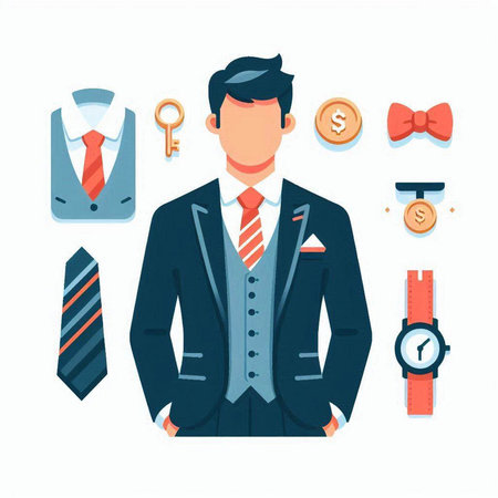 Businessman with a set of icons. Vector illustration in flat styleのイラスト素材