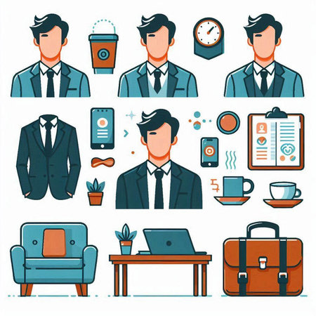 Businessman icons set in flat style. Vector illustration of office life.のイラスト素材