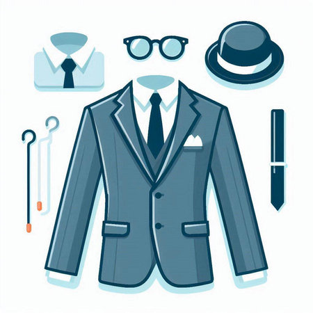 Vector illustration of a suit, tie, hat, glasses and bow tieのイラスト素材