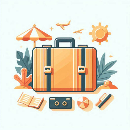 Suitcase and travel items. Vector illustration in flat style.のイラスト素材