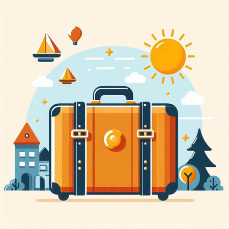 Vector illustration of travel suitcase with sun, clouds and trees on background.のイラスト素材
