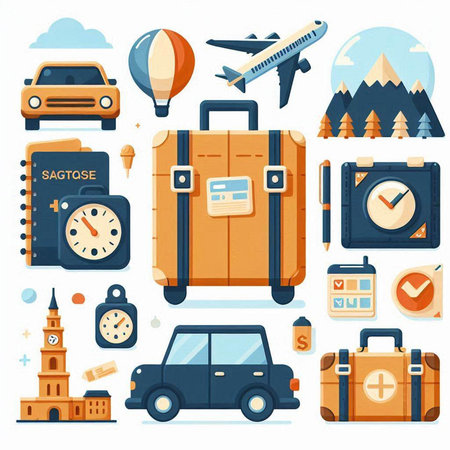 Travel and tourism icons set. Collection of suitcase, car, airplane, luggage, passport, ticket, bag, compass, compass, globe, airplane, train, car, bus, train, stopwatch, airplaneのイラスト素材