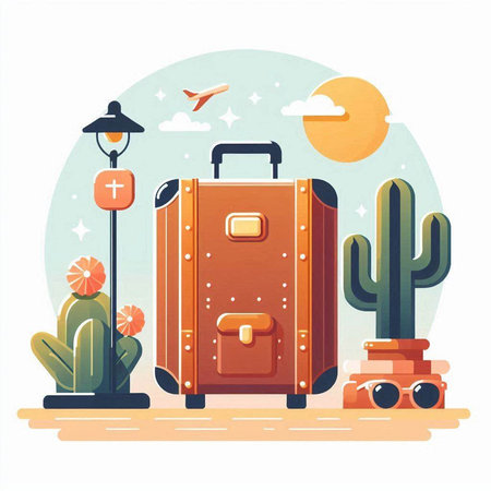 Vector illustration of travel suitcase and cactus on white background. Flat style.のイラスト素材