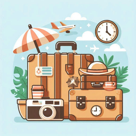 Vector illustration of travel and vacation. Suitcase, umbrella, camera, hat, cup of coffee, sunglasses, sunbed, clock.のイラスト素材