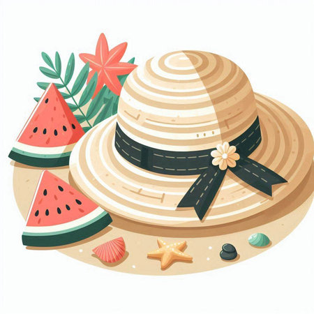 Summer hat with seashells and watermelon. Vector illustration.のイラスト素材