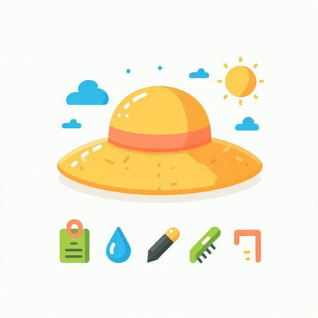 Summer flat icon set. Beach hat, sun, water, sun, sun. Summer concept. Vector illustrationのイラスト素材