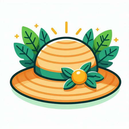 Summer hat with leaves and flower on white background. Vector illustration.のイラスト素材