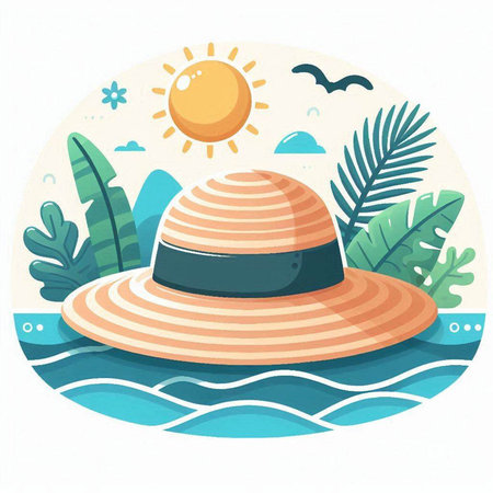 Illustration of a summer hat on the beach. Vector illustration.のイラスト素材