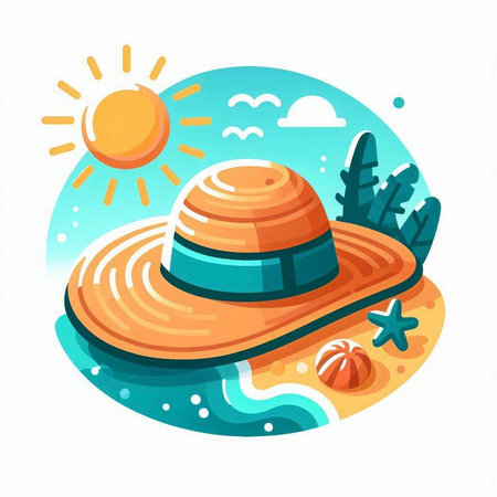 Summer hat on the beach. Vector illustration in flat cartoon style.のイラスト素材