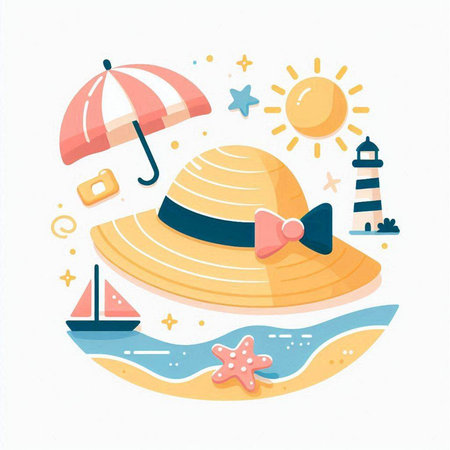 Vector illustration of a summer beach with a hat, sun, umbrella, sailboat, sunglasses and starfish.のイラスト素材