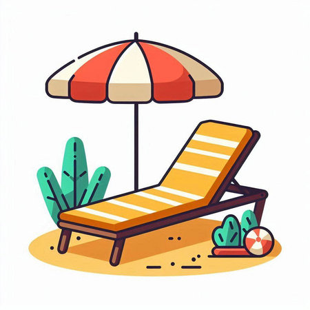 Beach chair with umbrella. Vector illustration in flat cartoon style.のイラスト素材