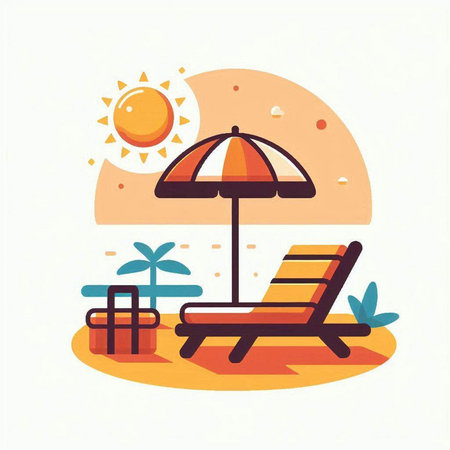 Beach chair with umbrella. Vector illustration in flat cartoon style.のイラスト素材