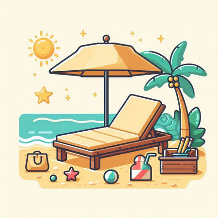 Beach chair with umbrella and beach accessories. Vector illustration in flat styleのイラスト素材