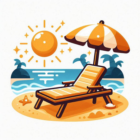 Beach chair with umbrella on the sand. Vector illustration in flat styleのイラスト素材