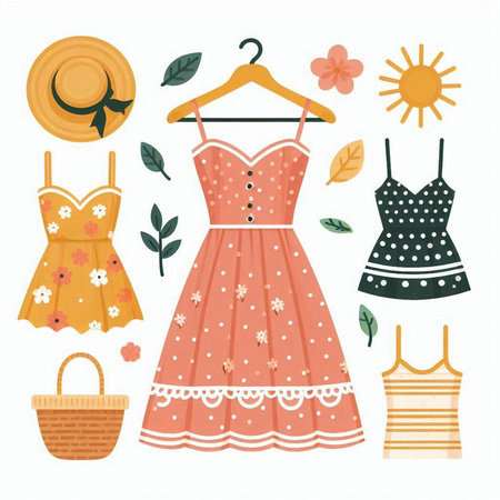Set of summer clothes and accessories. Vector illustration in flat style.のイラスト素材