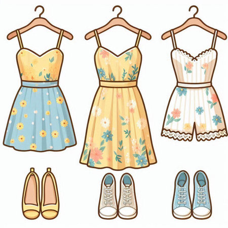 Illustration of a set of women's dresses and shoes on a white backgroundのイラスト素材