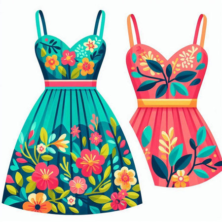 Fashionable women's dress with floral pattern. Vector illustration.のイラスト素材