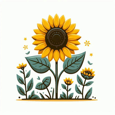 Illustration of a sunflower with leaves and flowers on a white backgroundのイラスト素材