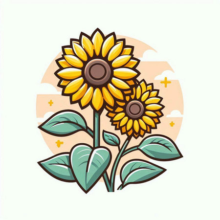 Sunflower icon. Vector illustration of sunflower with green leaves.のイラスト素材