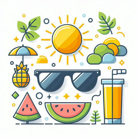 Summer flat line design vector illustration with sun, glasses, fruits, sun umbrellas.のイラスト素材